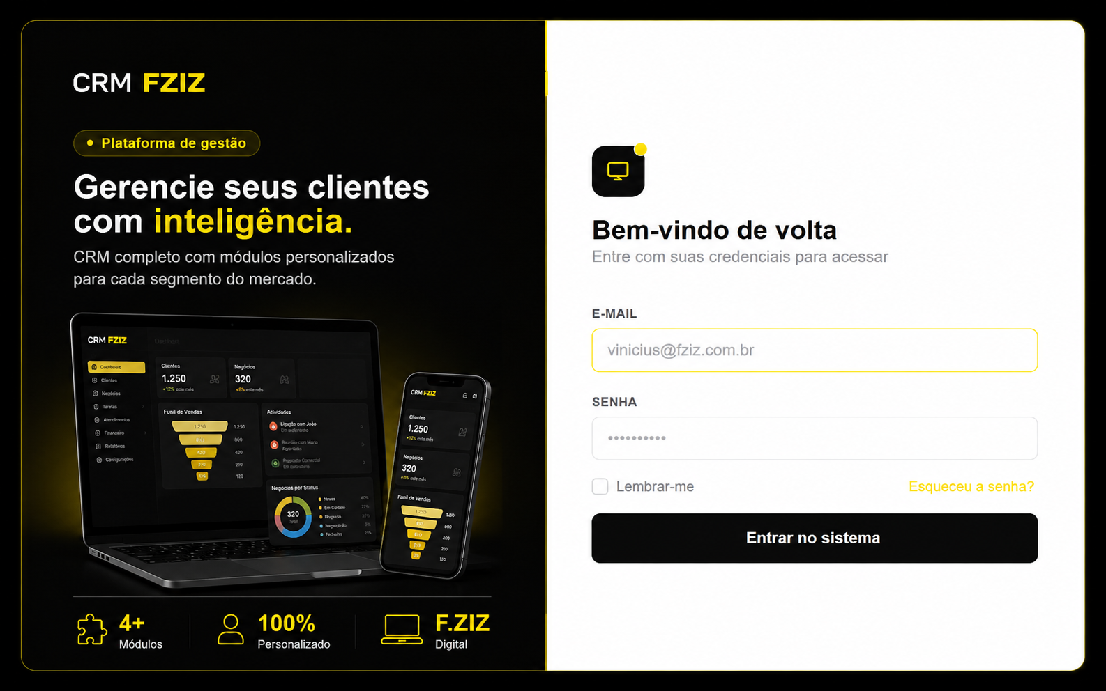 Dashboard do CRM F.ZIZ